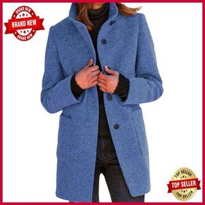 Long Wool Blend Pea Coat Stand Collar Blazer Jacket Winter Thicken